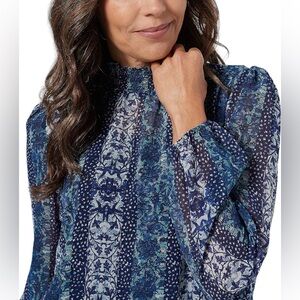 Susan‎ Graver Printed Chiffon Smocked Mock Neck Fully Lined Top Blue Large